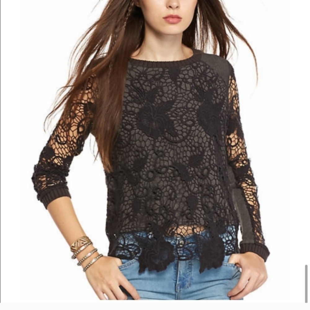 Free People “Pretty Rad” Sweater Gray Lace Crochet Split Back